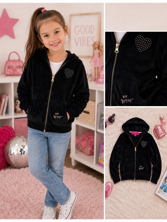 Betsey Johnson Other - Betsey Johnson Girls  Black Velour Rhinestone Heart Hoodie Kids Size 5